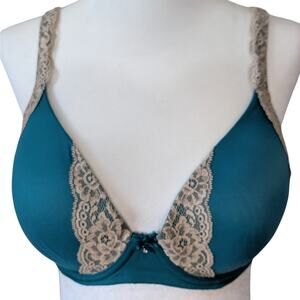 Soma Embraceable Full Coverage Lace Trim Aqua Blue-Green with Tan Lace Bra 34D